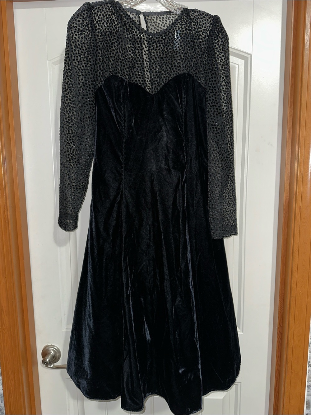 Vintage Black Velvet Long-Sleeve Cocktail Dress with Sheer Polka Dot size 8